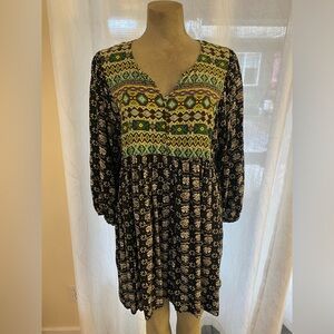 Umgee Black and Green Long Sleeve Dress